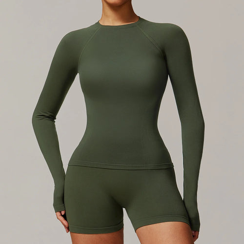 Threaded tight fitting seamless long sleeved yoga T-shirt quick drying Women Yoga Shirts Crop Top Shirts Yoga Sports Gym Clothes