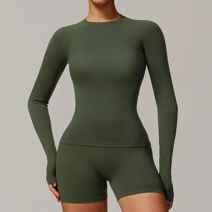 Threaded tight fitting seamless long sleeved yoga T-shirt quick drying Women Yoga Shirts Crop Top Shirts Yoga Sports Gym Clothes