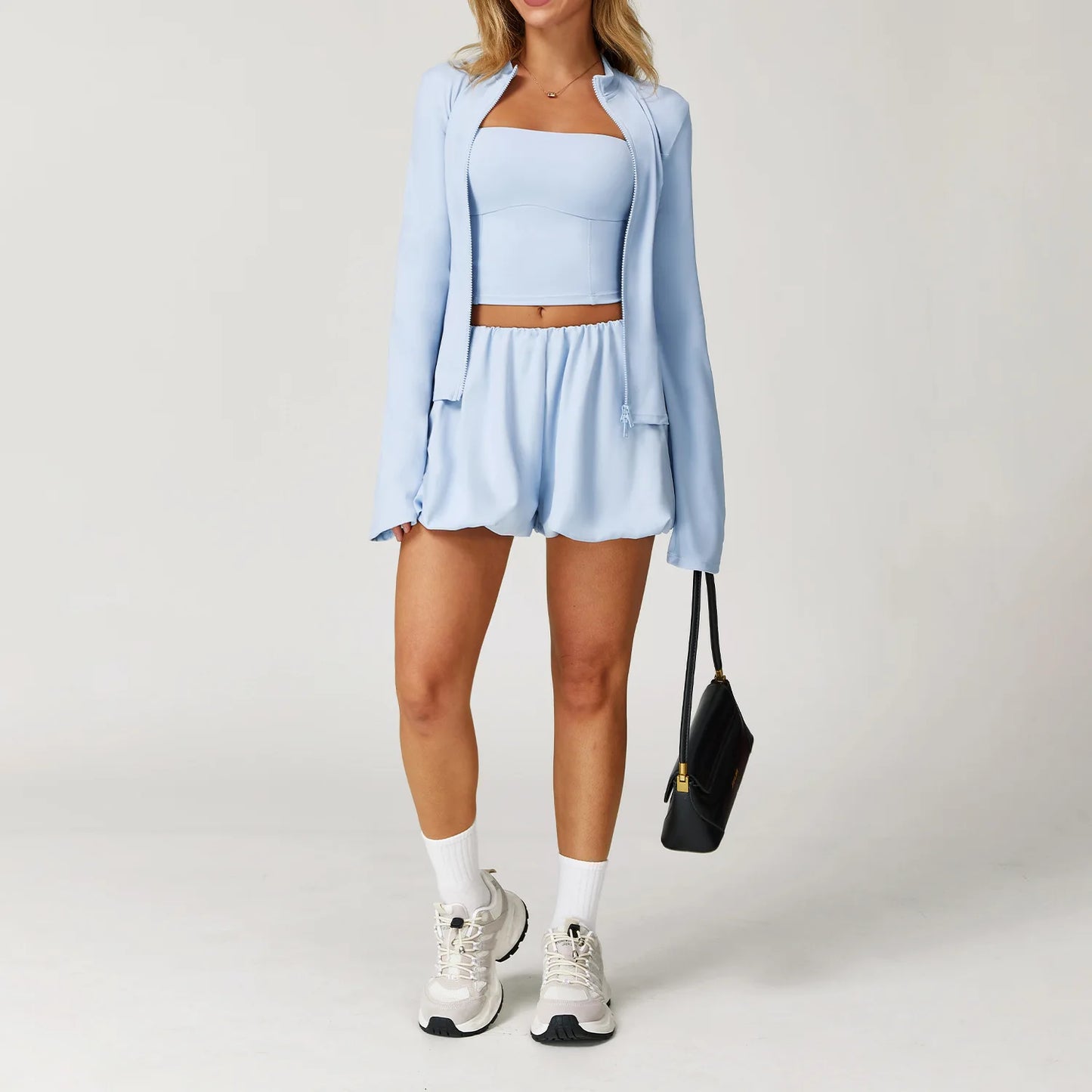2/3PCS Sunscreen Fitness Yoga Set Long Sleeve Jacket High Waist Shorts Sports Suit Women's Running Quick-drying Training Clothes